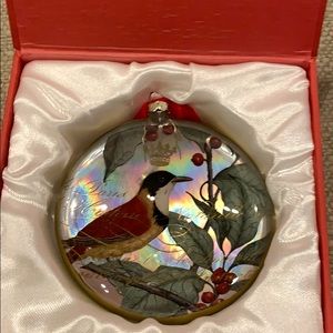 Fringe Holly Bird Glass Christmas Ornament with Gift Box